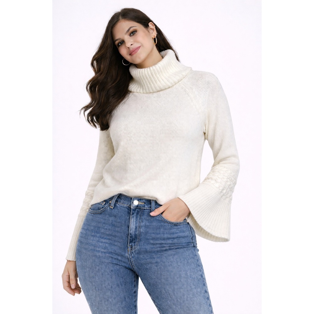 Pout Cream Knit Turtleneck Sweater Bell Sleeve Textured Knit Cozy Casual Warm S
